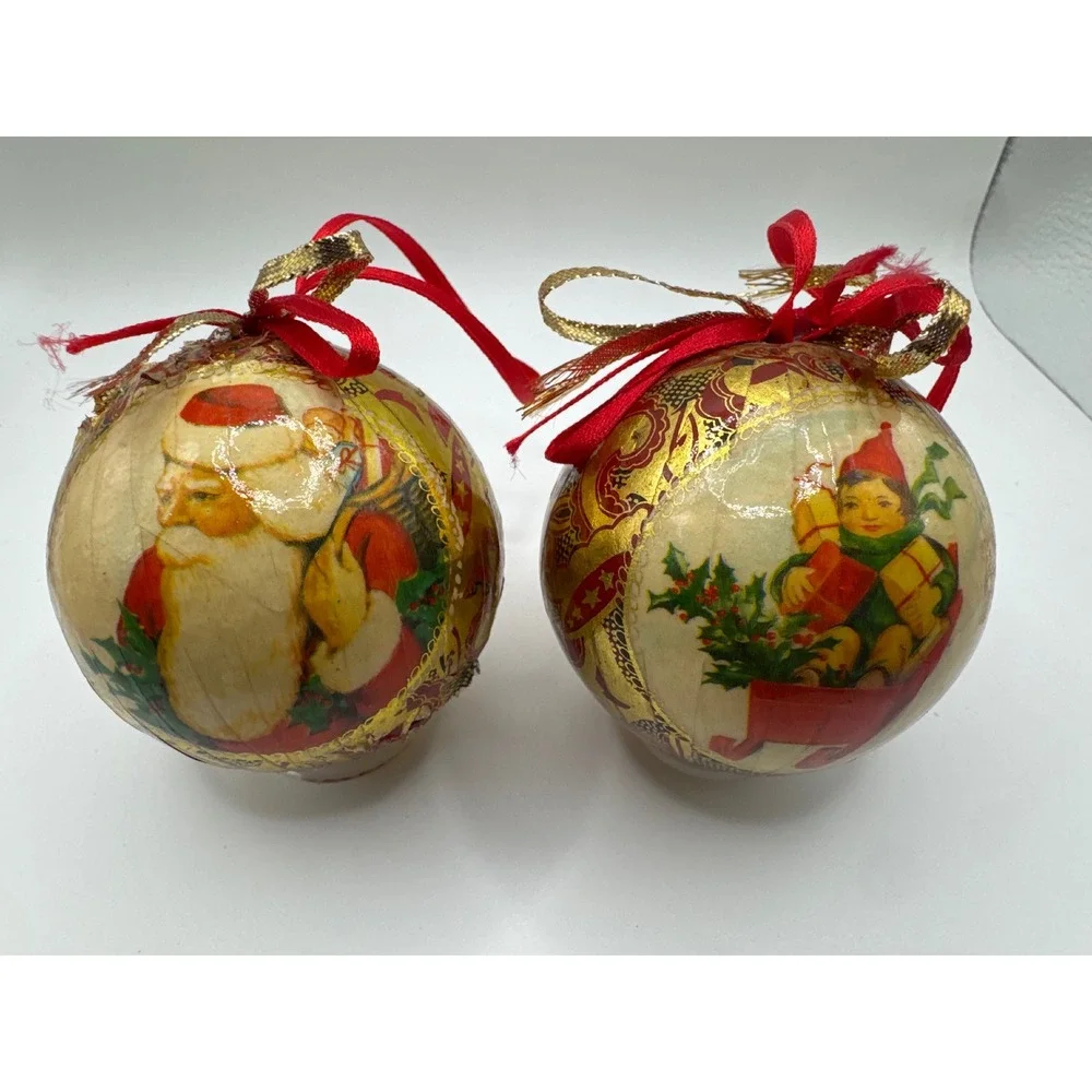 Vintage Style Decoupage Christmas Ornaments Santa and Elf Gold Foil Set of 2